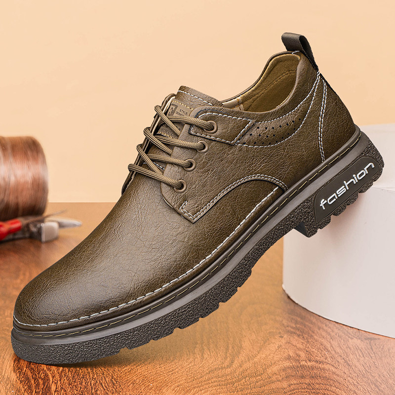 男鞋春季高端复古软皮真皮商务休闲皮鞋男英伦低帮工装鞋厚底防滑