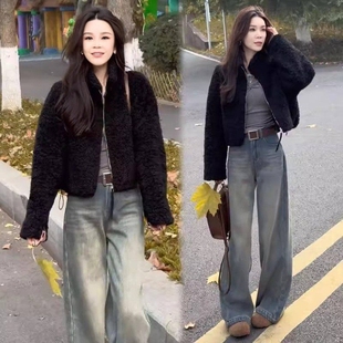 羊羔毛短款立领黑色毛绒外套女2025冬季新款显瘦加厚保暖开衫上衣