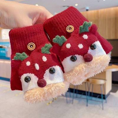冬季保暖学生加绒加厚翻盖半指针织儿童手套秋冬卡通仿羊绒手套