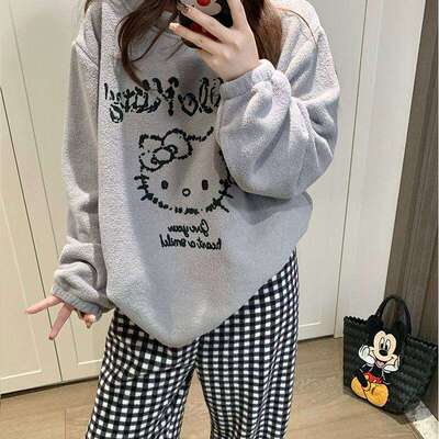 冬季加厚珊瑚绒睡衣女款高个子加长可爱米奇圆领家居服法兰绒套装