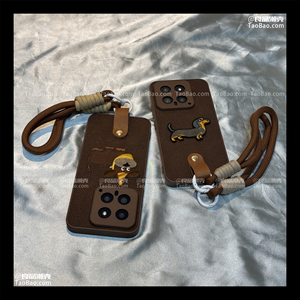 立体刺绣可爱狗狗棕咖色适用小米POCO X6PRO手机壳X5新款X5pro手提挂绳M6高级感F5皮质防摔PRO秋冬全包保护套