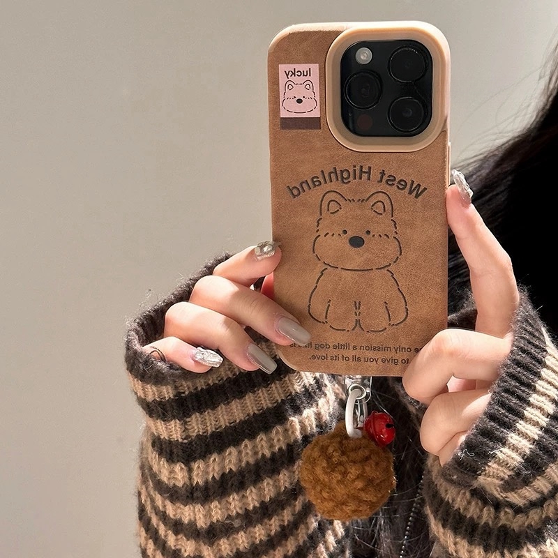 秋冬麂皮棕色西高地小狗S19适用VIVO X200/IQOO NEO10/13手机壳X90挂件X100毛球S16/S18防摔S20/80/S17/70/60