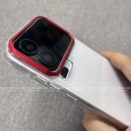 红色镜头框PC透明硬壳适用K90小米17PROMAX手机壳15苹果17PRO红米K80大孔加高POCO F8半包F7Ultra防摔亚克力
