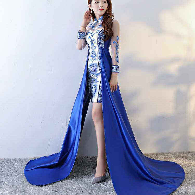 青花瓷旗袍复古国风修身宴会主持礼服舞台模特走秀大气夸张无袖女
