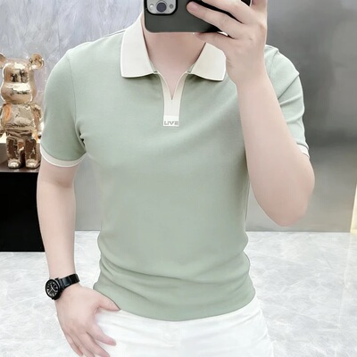 2026简欧男士短袖T恤POLO衫夏季百搭上衣老钱风剪刀领半袖潮2685