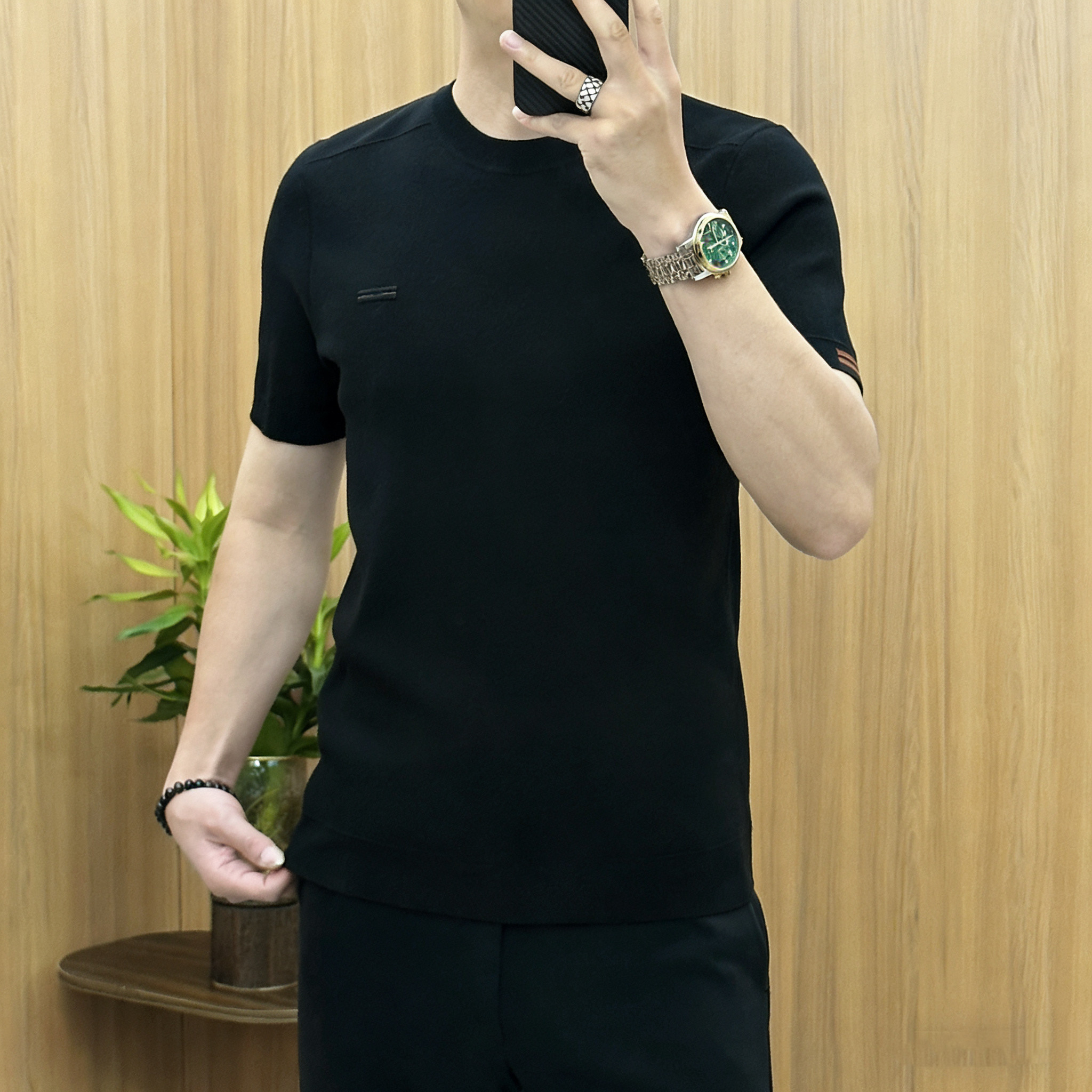 1828 2026简欧轻奢男士针织冰丝短袖T恤烫钻时尚百搭夏秋半袖上衣