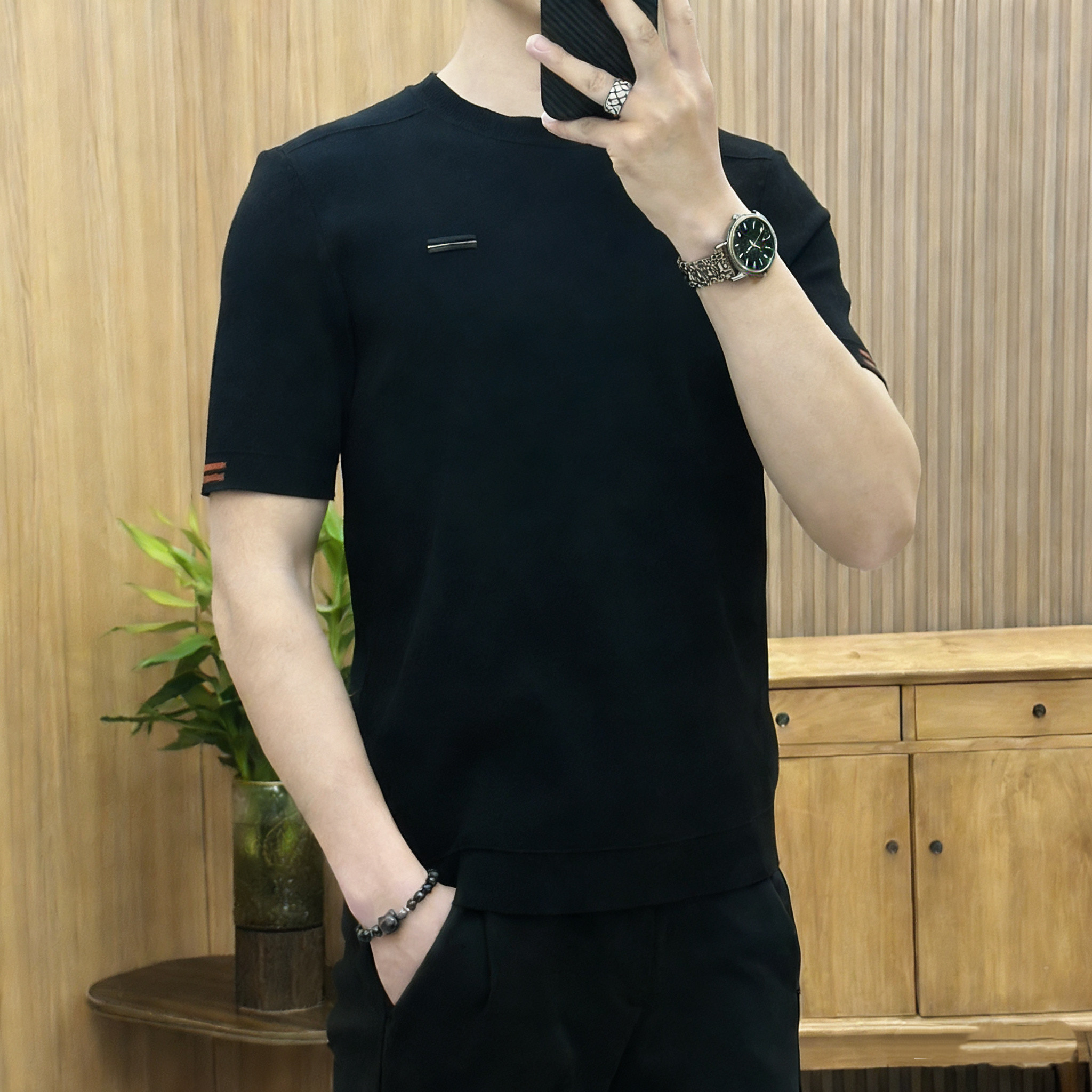 1828 2026简欧轻奢男士针织冰丝短袖T恤烫钻时尚百搭夏秋半袖上衣