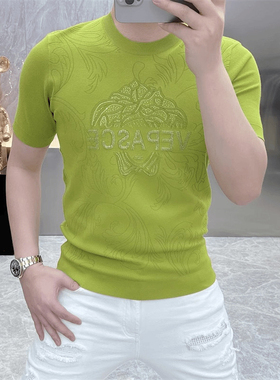 2025欧货轻奢男士针织冰丝短袖T恤印花时尚百搭夏季半袖上衣25235