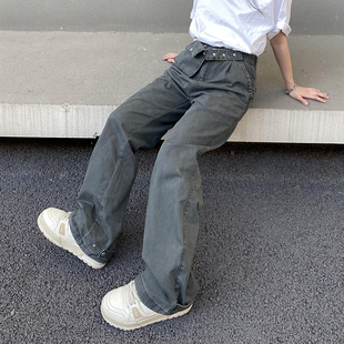 裤 男国潮高街vibe风灰色喇叭裤 复古设计感腰包工装 cemoliqiu美式