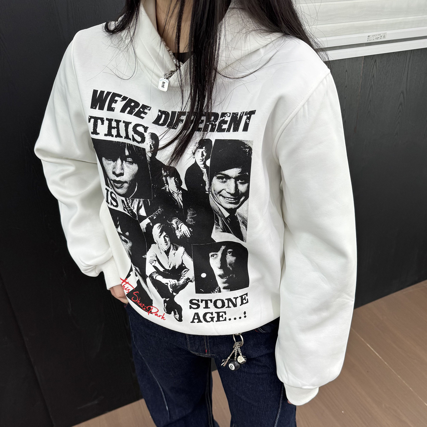cemoliqiu美式复古乐队人像印花立领卫衣男女宽松休闲百搭上衣
