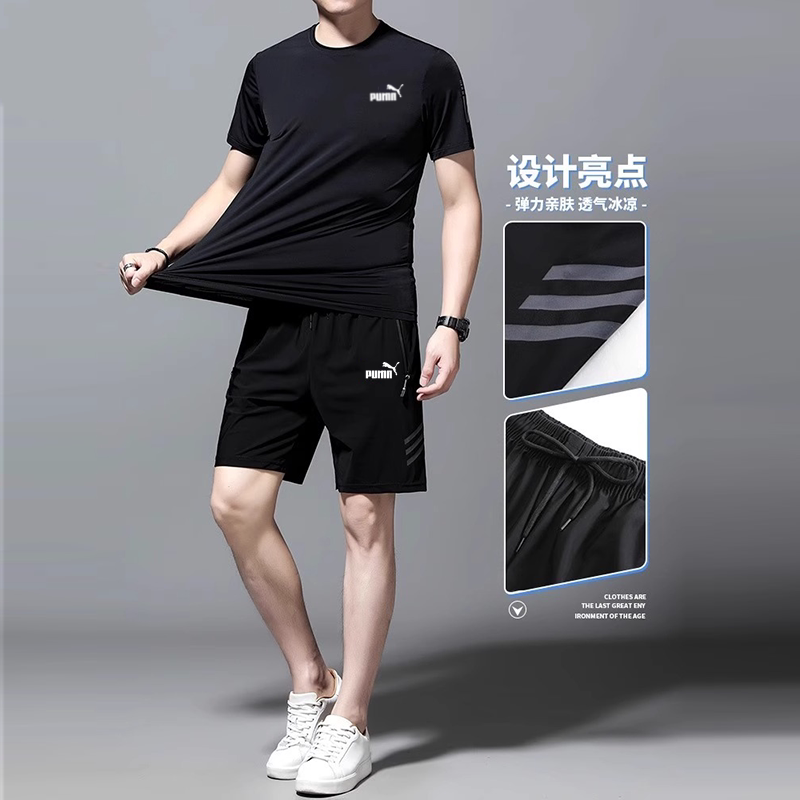 奥莱专柜运动套装男士夏季大码冰丝速干短袖短裤健身跑步两件套