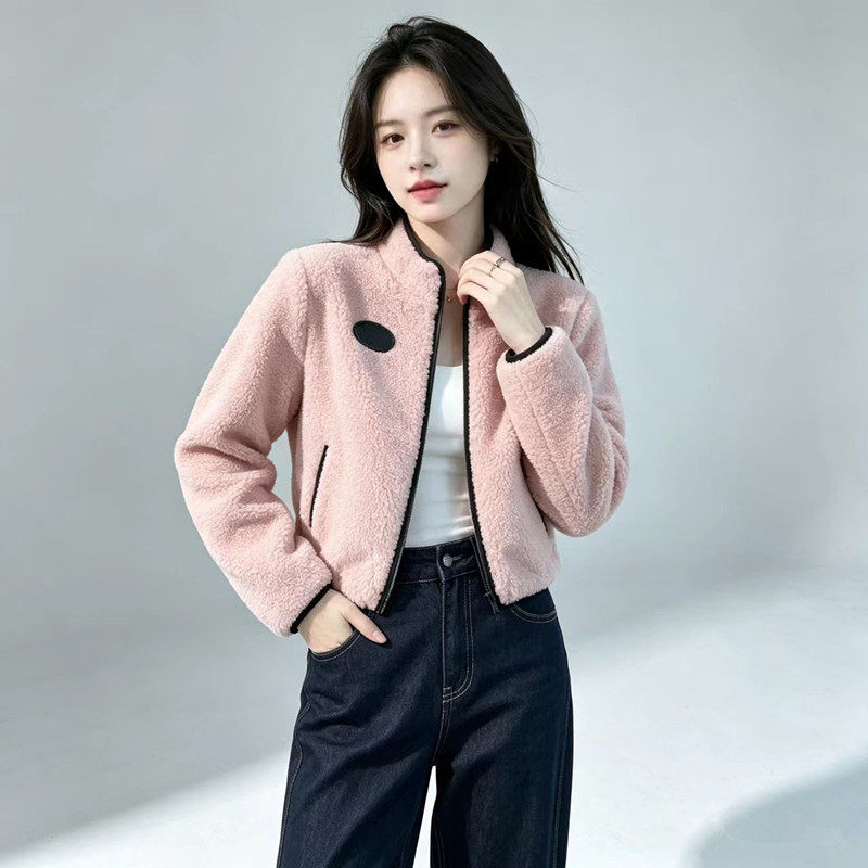女生纯色短款外套2026秋冬新款休闲羊羔毛保暖绒毛长袖卫衣上衣