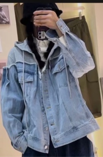 三公主初唯瓦萨梵秀拼接卫衣牛仔衣链帽牛仔短外套宽松口袋工装