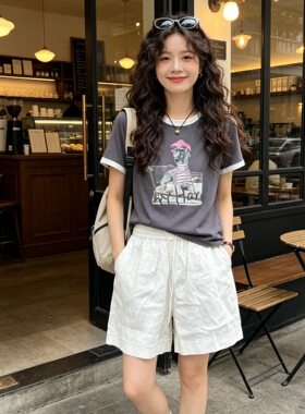 2026新款女装简约休闲款抽绳松紧腰围亚麻直简阔腿显瘦高短裤