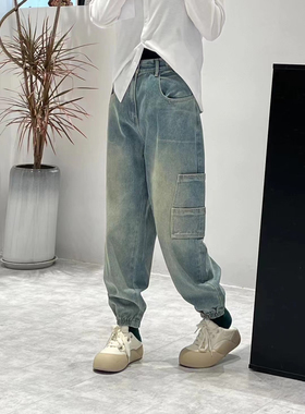 三公主U2081工装牛仔裤春秋厚工装裤小脚裤老爹裤哈伦裤休闲裤