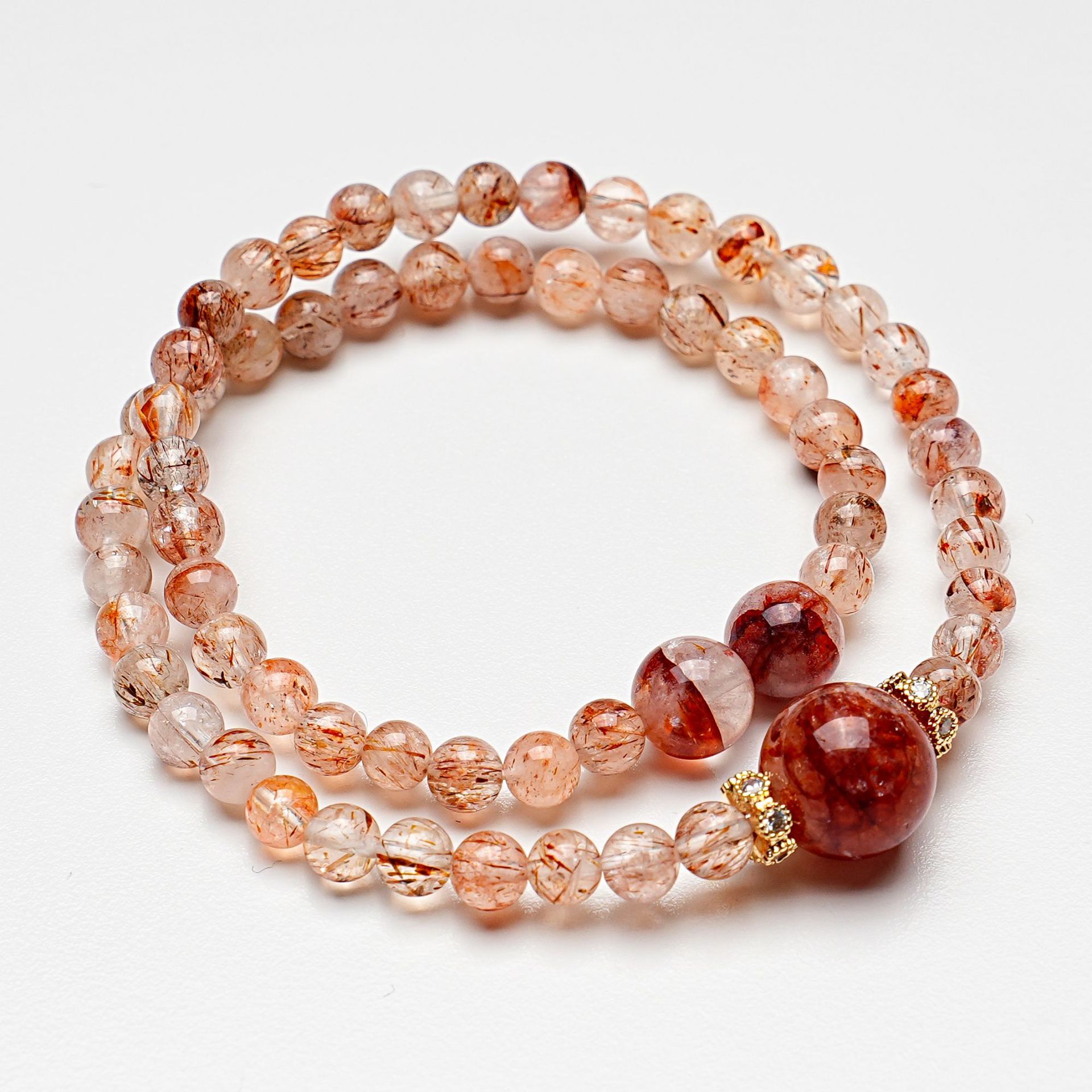 【灼红桃韵】天然黑金超七水晶手串女款红胶花显白时尚手链