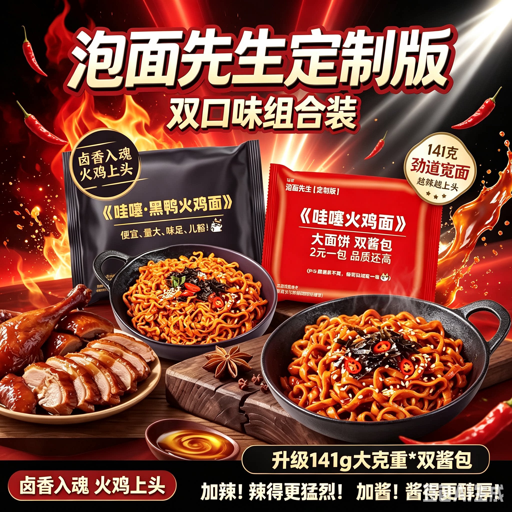 【双拼超绝吃辣组合】泡面先生定制141g方便面素食哇噻面饼火鸡面