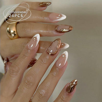 24Pcs French Gold Edge Wearable Almond Press on Fake Nails