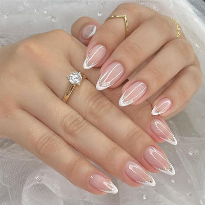 24Pcs Simple Glitter Almond False Nails with Glue Ballerina
