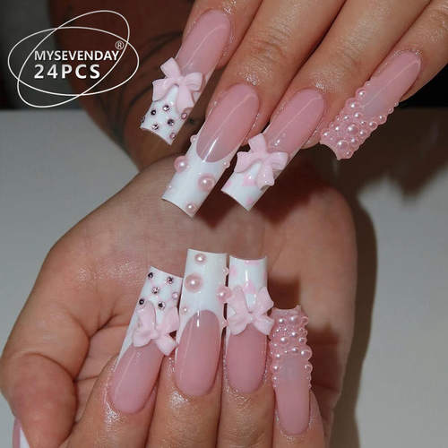 24Pcs Almond Press on Fake Nails Long French False Nails wit
