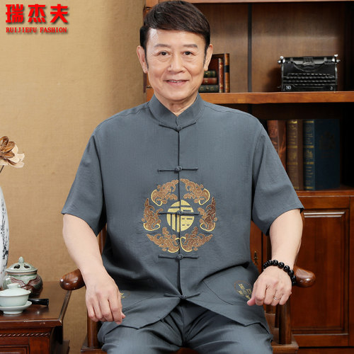 短袖中老年人居士刺绣大码唐装