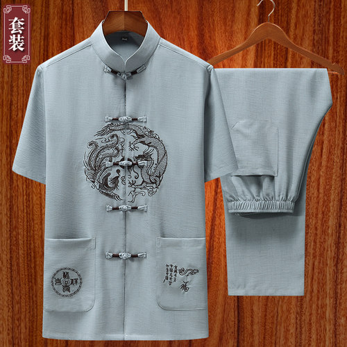 中老年人棉麻唐装男套装中式盘扣刺绣汉服中国风短袖绣龙爸爸夏装