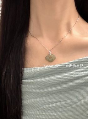 和田玉青海料平安锁s925纯银项链