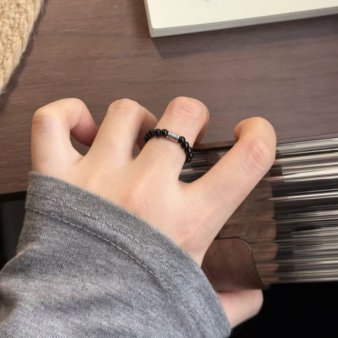 天然黑玛瑙【第五时】925纯银戒指新款ins冷淡指环串珠尾戒女指圈