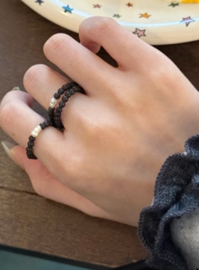 天然黑曜石珍珠串珠弹力戒指指环