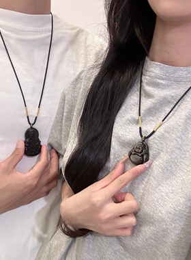 天然银曜石弥勒佛观音情侣项链