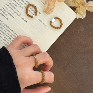 【秋栗】天然正品糖料和田玉戒指串珠玉石指环s925纯银弹力女戒圈