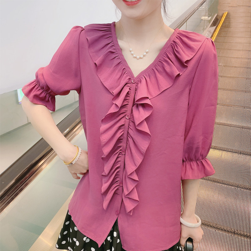 Sweet Wood ear Chiffon shirt V-neck jacket 2022 Summer wear Lotus leaf Feminine Western style Sweetheart neckline shirtin the Women's clothing/Boutique , Lace shirt/Chiffon shirt  category - from Buy2taobao.com to provide professional Taobao agent buy service