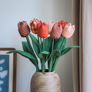 饰花艺摆件高级仿生花客厅花束 纯手工布艺郁金香仿真花假花复古装