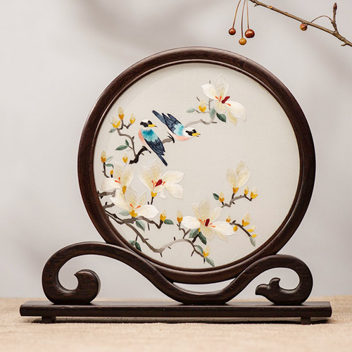 苏州双面刺绣手工实木屏风摆件