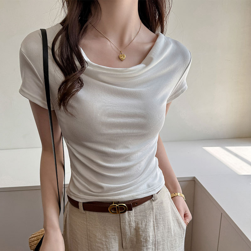 白色堆堆领短袖t恤女夏修身显瘦设计感小众纯色莫代尔一字肩上衣
