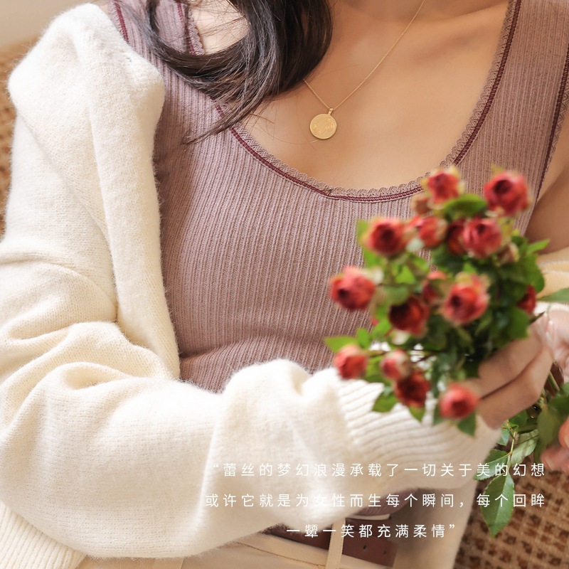 Q秋冬季加厚莫代尔保暖背心女内搭蕾丝设计感性感辣妹上衣可外穿