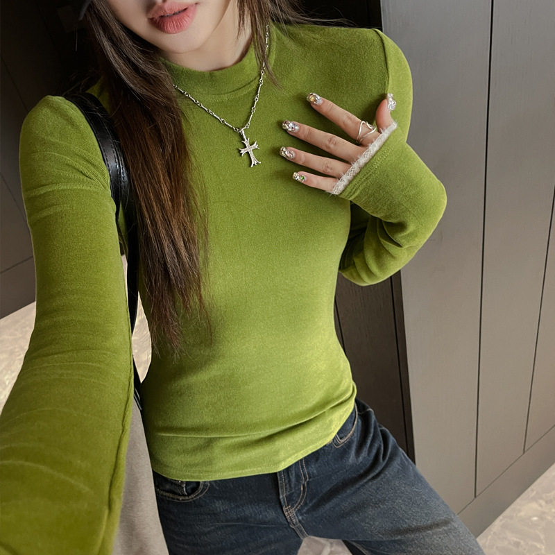 仿羊绒小圆领纯色花边袖口打底衫女士内搭秋冬修身百搭可外穿上衣