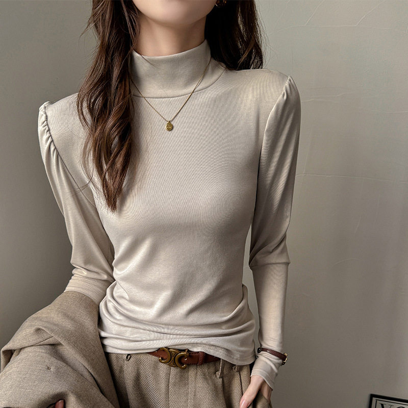 严选半高领天丝内搭打底衫女新款韩版泡泡袖设计感纯色可外穿上衣