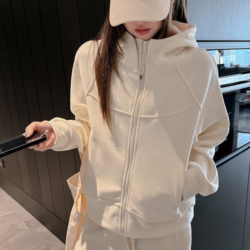 严选新款连帽卫衣外套女设计感拼接口袋秋冬加厚磨毛宽松休闲上衣