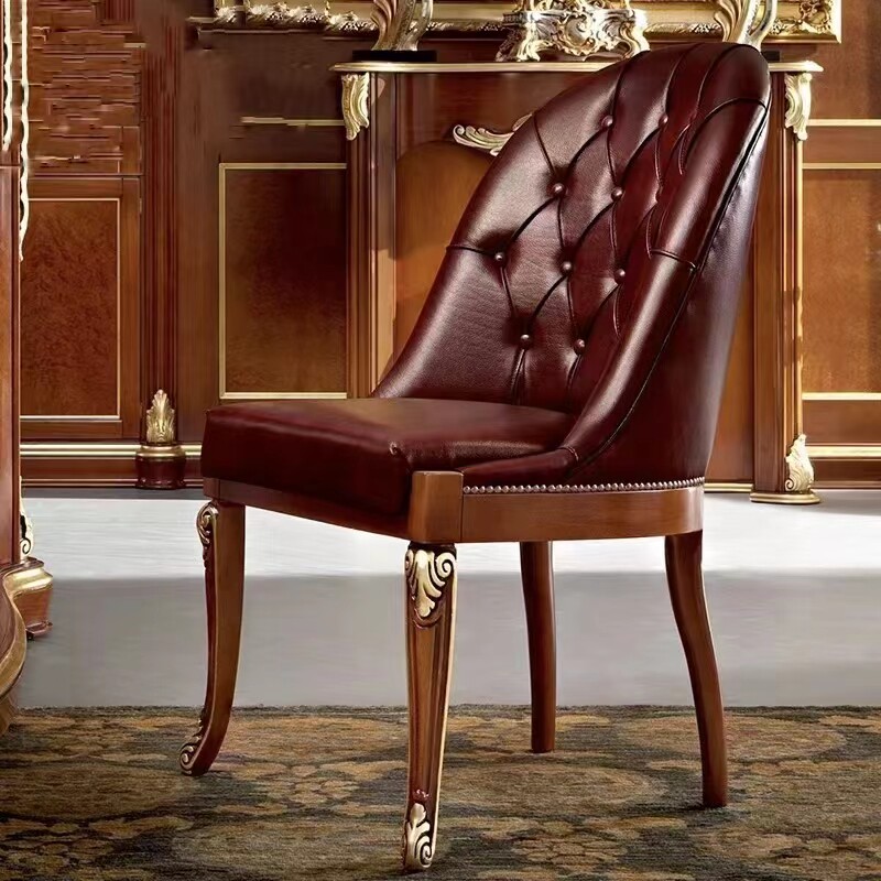 法式宫廷奢华别墅餐厅真皮实木餐椅书椅   欧式餐椅书房用洽谈椅