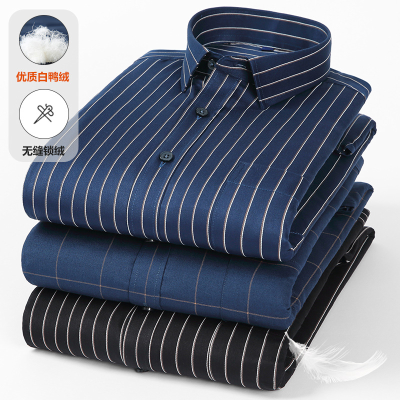 厂家直销2024冬季新款 男式羽绒保暖格子商务休闲长袖衬衫中老年