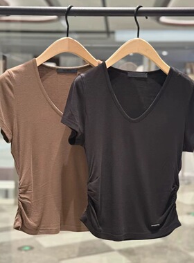 正品2025夏新品含桑蚕丝天丝轻薄V领捏褶短袖T恤MBE2TEE004