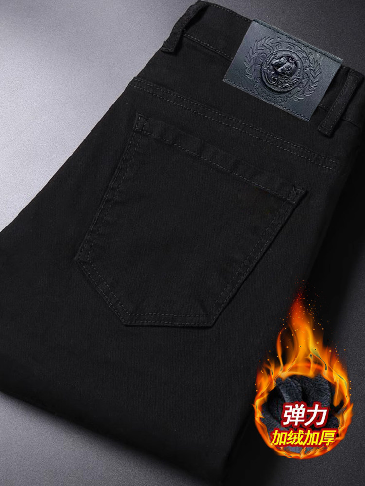 香港秋冬季加绒加厚黑色牛仔裤男修身小脚韩版百搭男士休闲长裤子