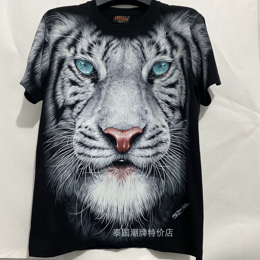 抖音网红款男士T恤猛虎下山立体印花圆领宽松 大老虎纯棉透气半袖
