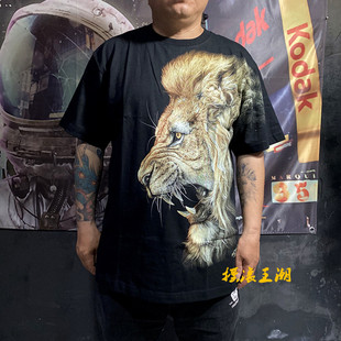 欧美潮牌泰国产T恤3D狮子夜光印花T恤夏季大码宽松纯棉半袖体恤