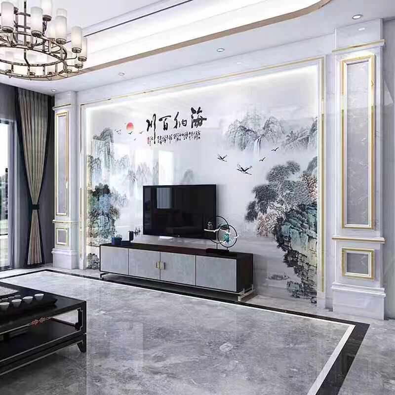 中式客厅电视背景墙微晶石瓷砖现代简约岩板罗马柱石材沙发影视墙