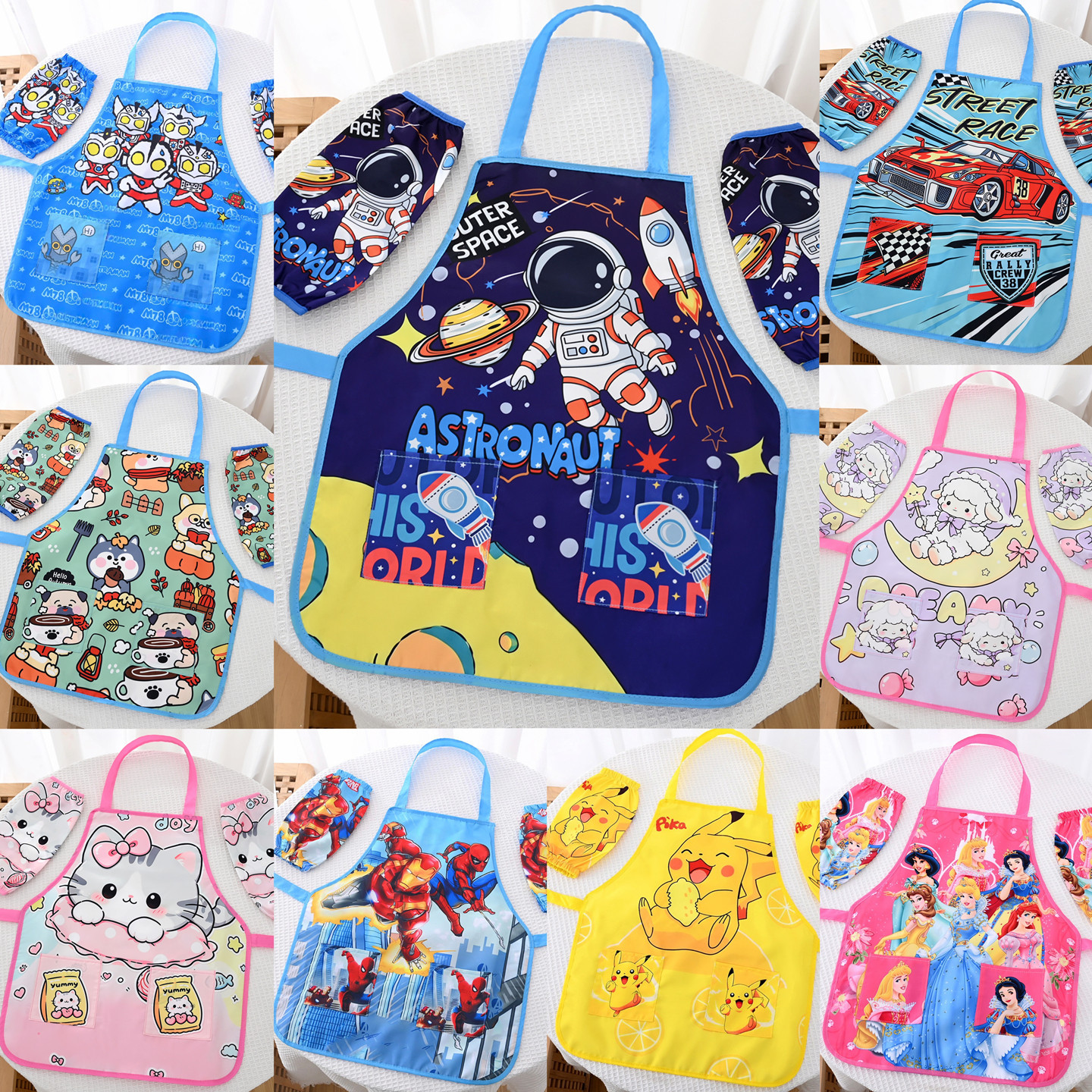 可爱卡通儿童围裙袖套小学生书法美术画画衣防水防脏吃饭洗碗罩衣