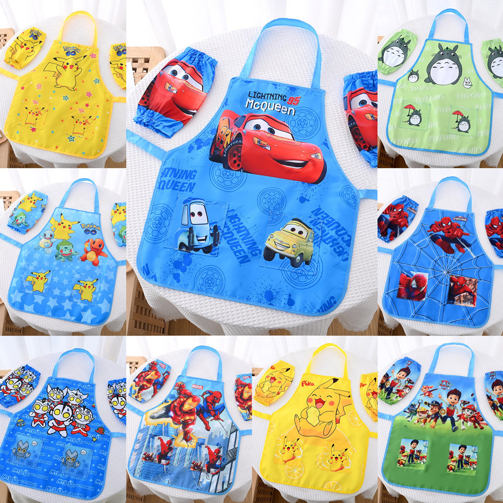可爱卡通儿童围裙袖套小学生书法美术画画衣防水防脏吃饭洗碗罩衣