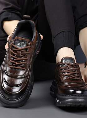2026新款男士休闲板鞋深棕色真皮厚底耐磨潮款运动圆头系带鞋皮面