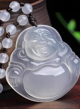 天然高冰种白玛瑙玉髓弥勒佛公
